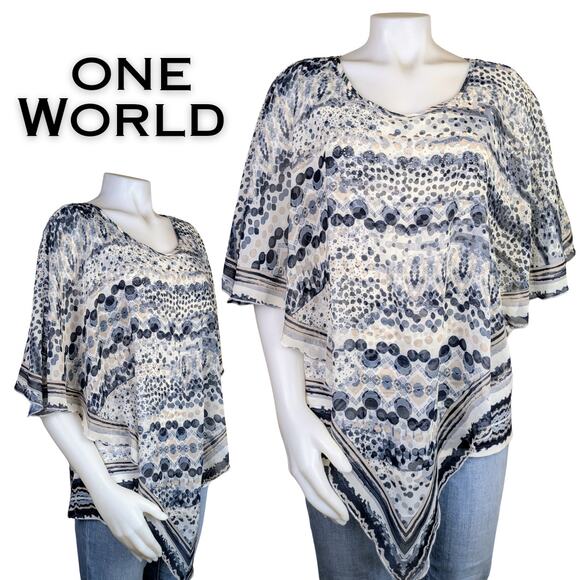 One World Top Blouse XL Gray Mixed Print Sheer Layered Scarf Flutter Sleeve - Picture 1 of 12
